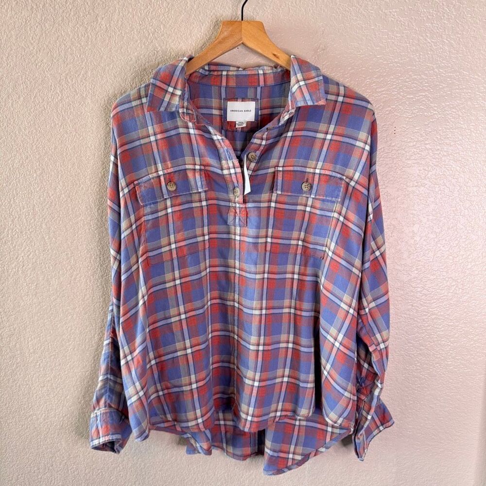 NWT American Eagle Popover Plaid Shirt Womens Medium Relaxed Oversized Blue